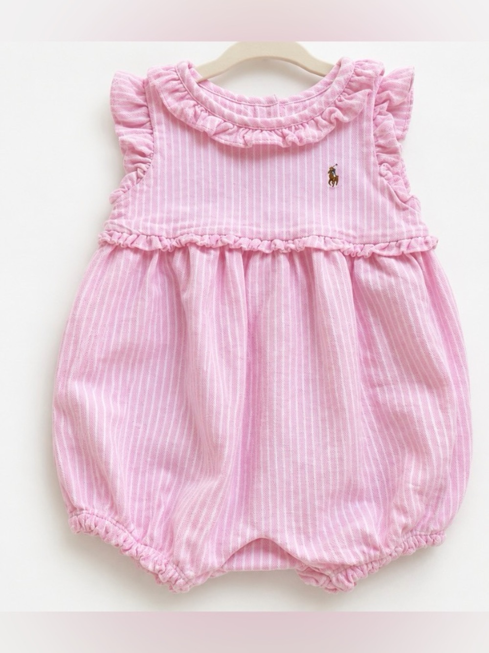 Ralph Lauren Baby Girls Pink Striped Ruffle Bubble Romper 12M